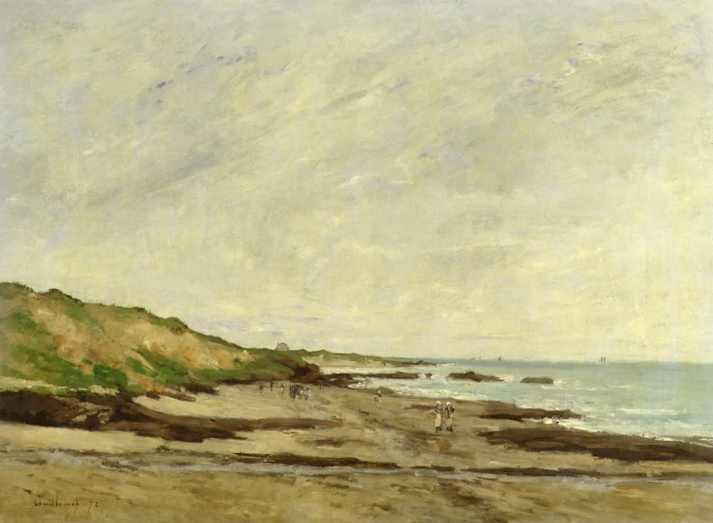 Una vista costiera con figure su una riva, 1872